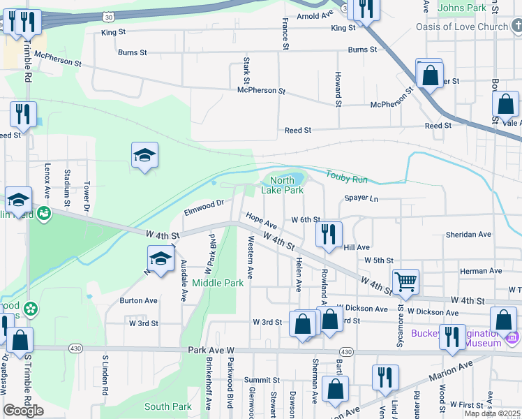 map of restaurants, bars, coffee shops, grocery stores, and more near 241 Parkway Drive in Mansfield