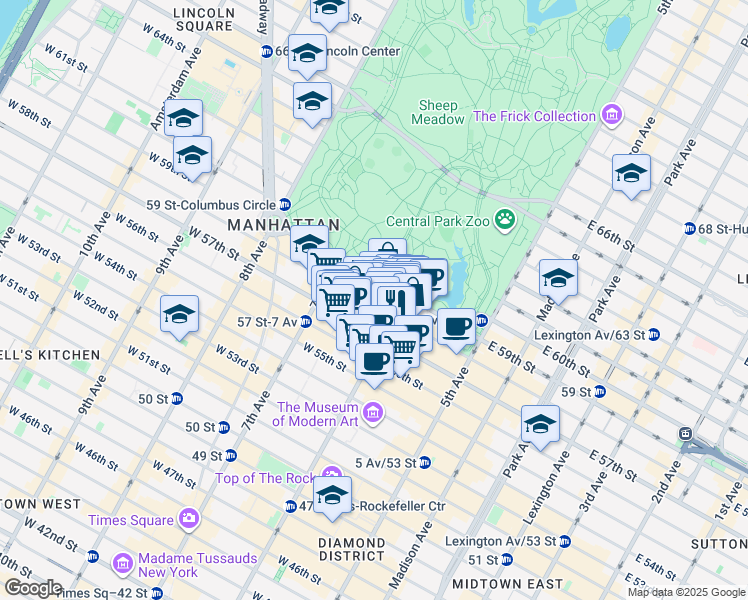 map of restaurants, bars, coffee shops, grocery stores, and more near 135 West 58th Street in New York
