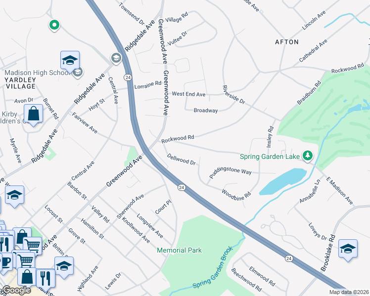 map of restaurants, bars, coffee shops, grocery stores, and more near 8 East Madison Avenue in Florham Park