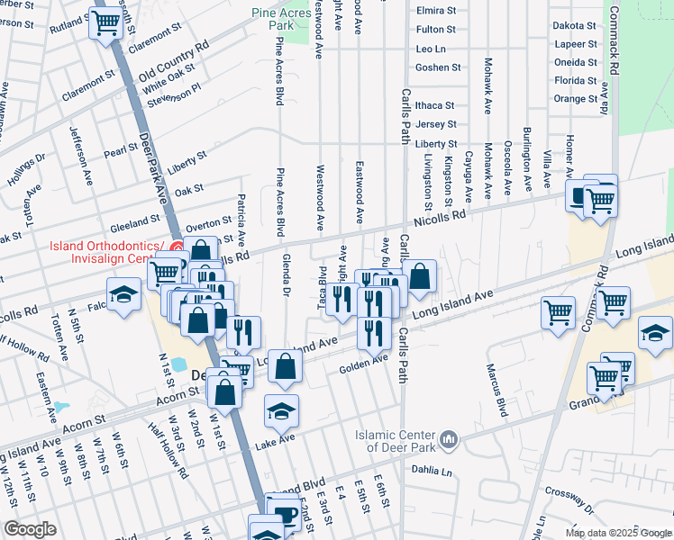 map of restaurants, bars, coffee shops, grocery stores, and more near 66 Wright Avenue in Deer Park