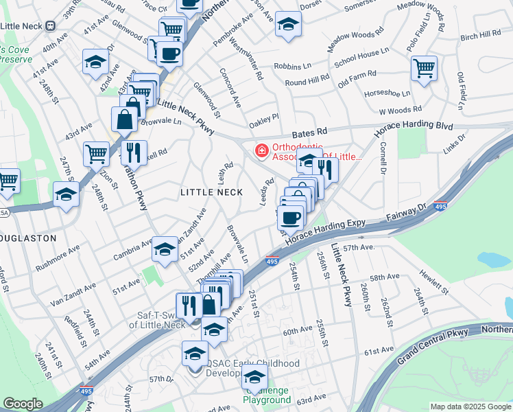map of restaurants, bars, coffee shops, grocery stores, and more near 252-35 Leeds Road in Queens
