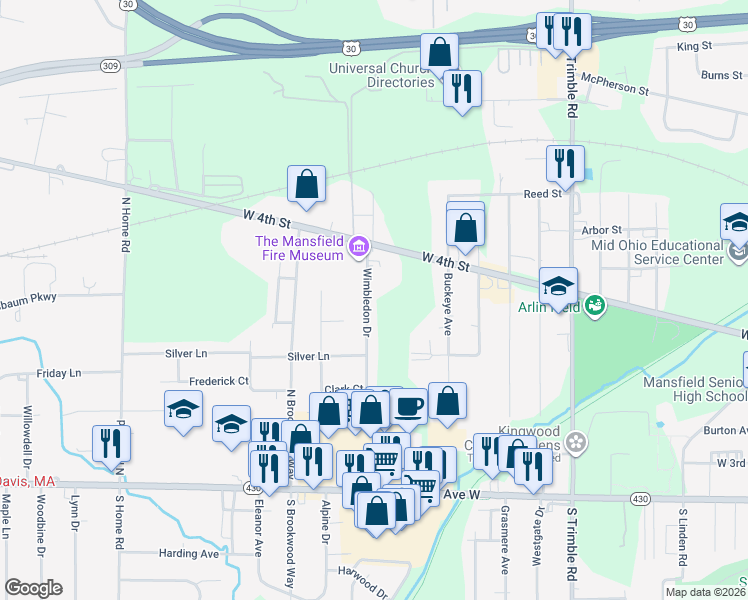 map of restaurants, bars, coffee shops, grocery stores, and more near 246 Wimbledon Drive in Mansfield