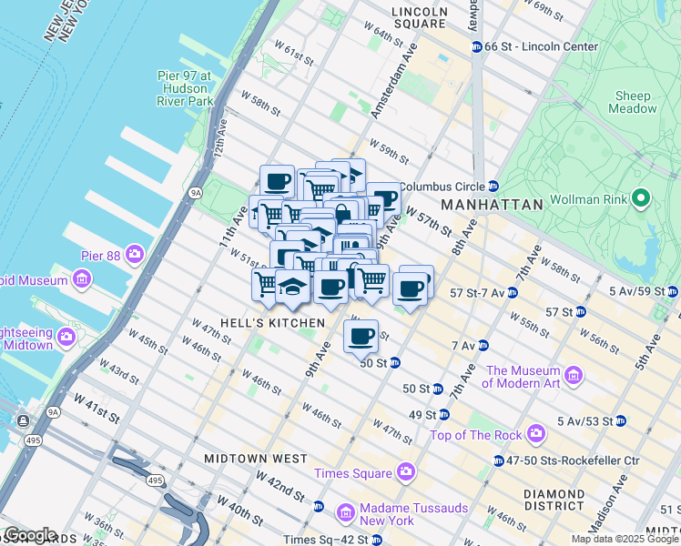 map of restaurants, bars, coffee shops, grocery stores, and more near 427 West 52nd Street in New York