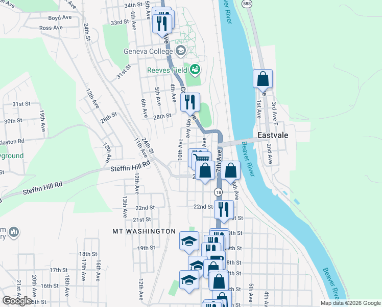 map of restaurants, bars, coffee shops, grocery stores, and more near 2515 9th Avenue in Beaver Falls
