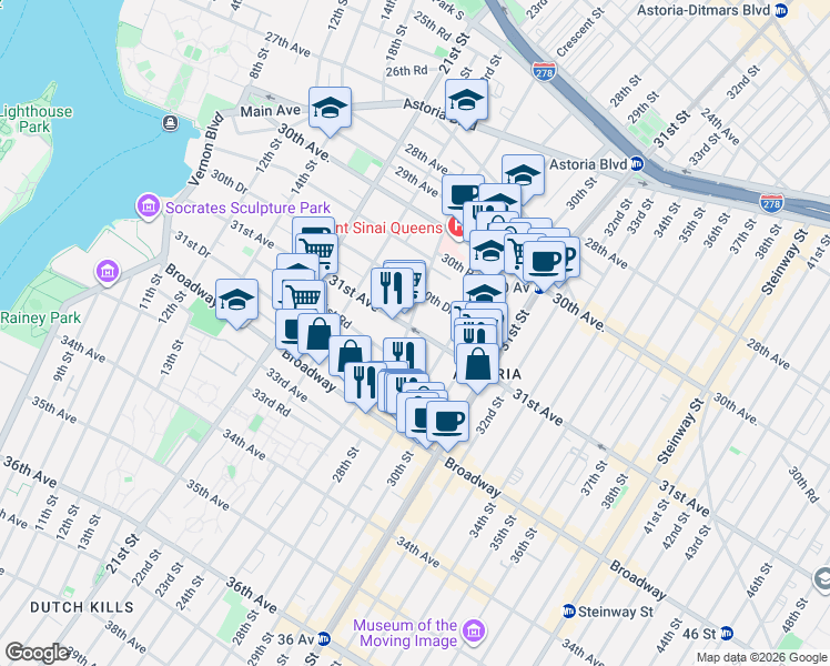 map of restaurants, bars, coffee shops, grocery stores, and more near in Queens