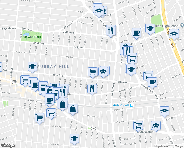 map of restaurants, bars, coffee shops, grocery stores, and more near 33-68 169th Street in Queens