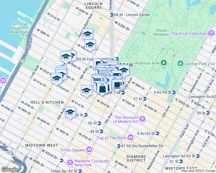 map of restaurants, bars, coffee shops, grocery stores, and more near 235 West 55th Street in New York