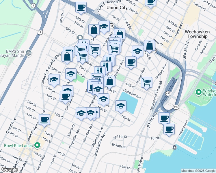 map of restaurants, bars, coffee shops, grocery stores, and more near 2105 New York Avenue in Union City
