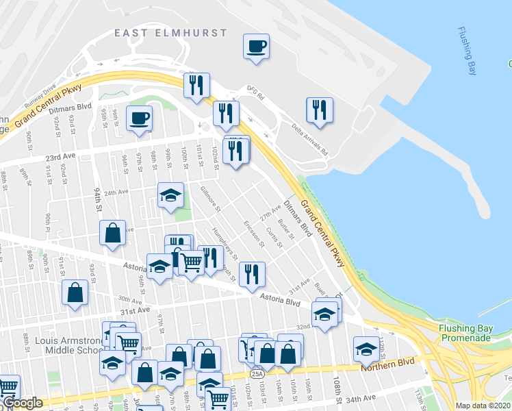 map of restaurants, bars, coffee shops, grocery stores, and more near 25-25 Curtis Street in Queens