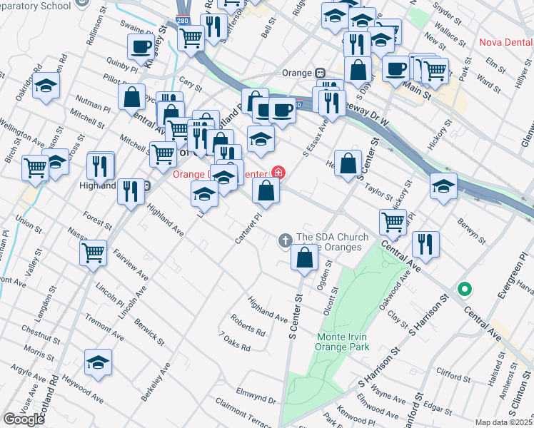 map of restaurants, bars, coffee shops, grocery stores, and more near 352 Central Avenue in City of Orange