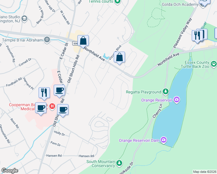 map of restaurants, bars, coffee shops, grocery stores, and more near 18 Aspen Road in West Orange