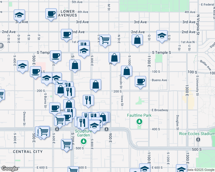 map of restaurants, bars, coffee shops, grocery stores, and more near 164 South 900 East in Salt Lake City