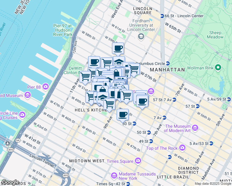 map of restaurants, bars, coffee shops, grocery stores, and more near 410 West 53rd Street in New York