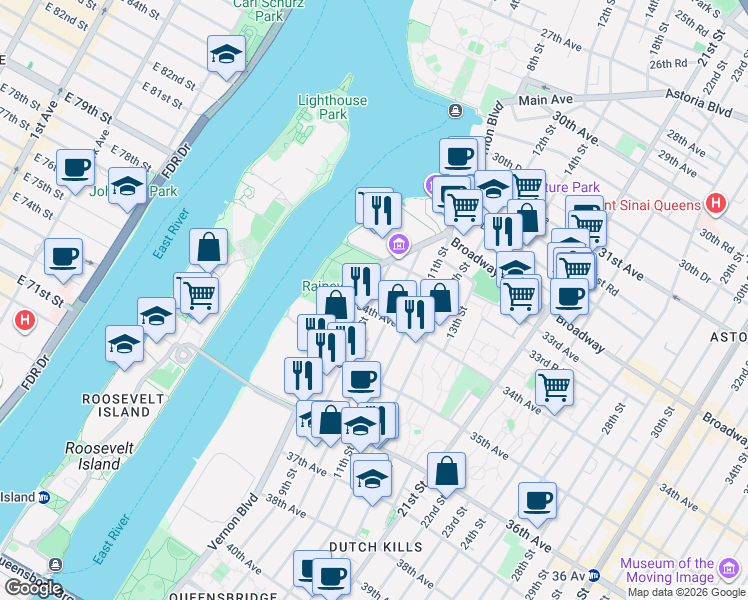 map of restaurants, bars, coffee shops, grocery stores, and more near 33-44 9th Street in Queens