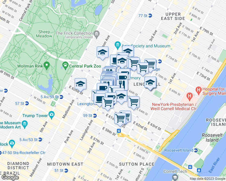 map of restaurants, bars, coffee shops, grocery stores, and more near 140 East 65th Street in New York
