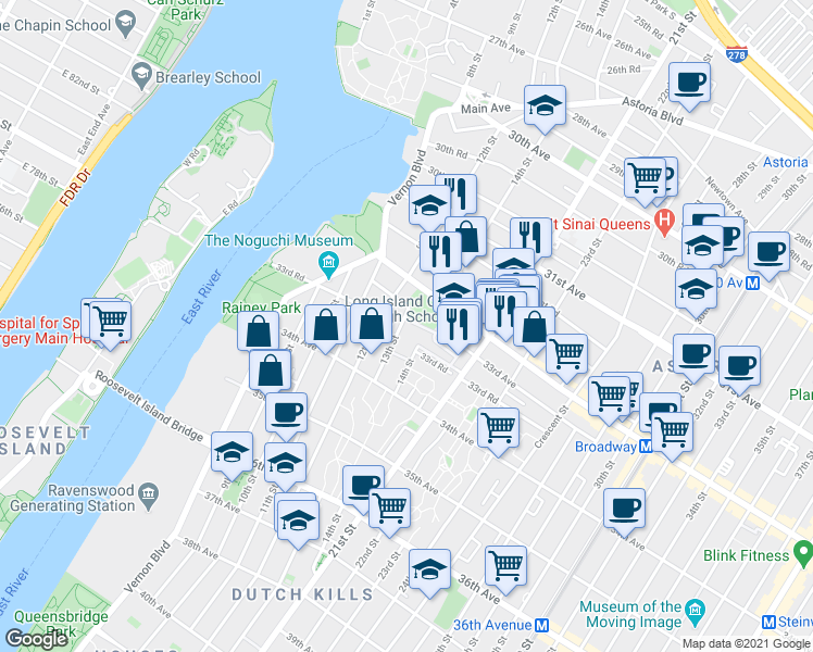 map of restaurants, bars, coffee shops, grocery stores, and more near 13-04 33rd Avenue in Queens
