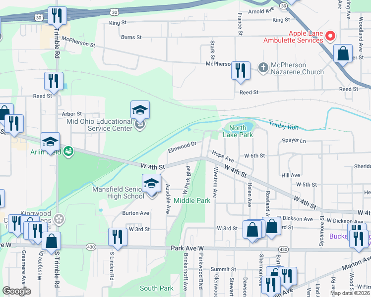 map of restaurants, bars, coffee shops, grocery stores, and more near 278 Elmwood Drive in Mansfield