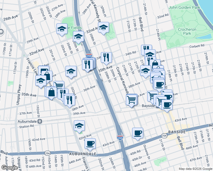 map of restaurants, bars, coffee shops, grocery stores, and more near 3603 Clearview Expressway Service Road in Queens