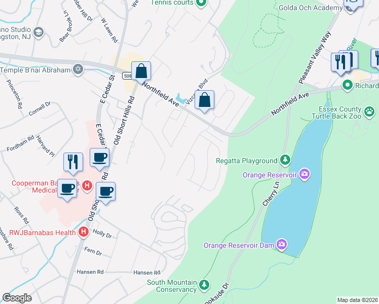 map of restaurants, bars, coffee shops, grocery stores, and more near 18 Aspen Road in West Orange