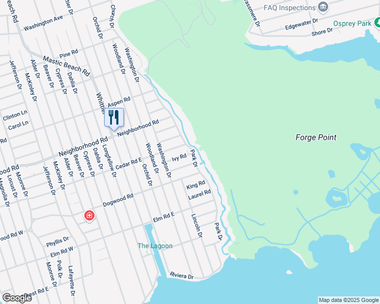 map of restaurants, bars, coffee shops, grocery stores, and more near 1 Ivy Road in Mastic Beach