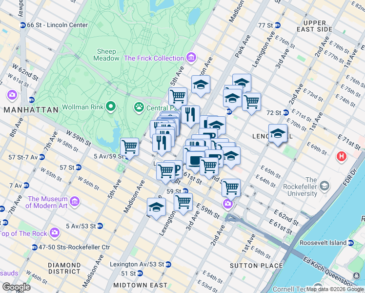 map of restaurants, bars, coffee shops, grocery stores, and more near 580 Park Avenue in New York