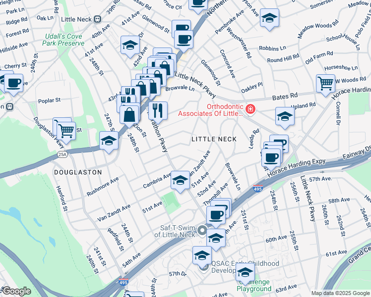 map of restaurants, bars, coffee shops, grocery stores, and more near 249-48 Rushmore Terrace in Queens