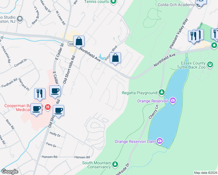 map of restaurants, bars, coffee shops, grocery stores, and more near 18 Aspen Road in West Orange