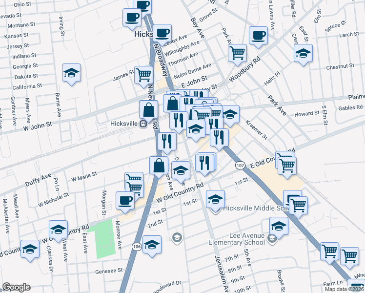 map of restaurants, bars, coffee shops, grocery stores, and more near 63 West Marie Street in Hicksville
