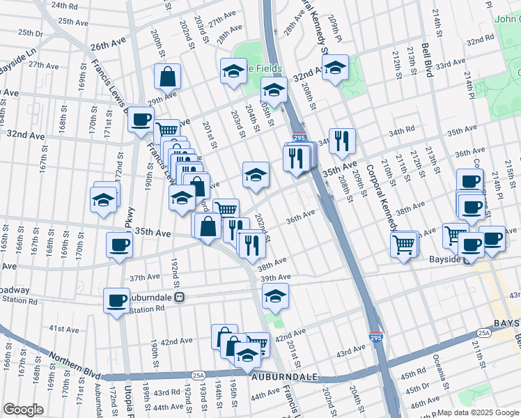 map of restaurants, bars, coffee shops, grocery stores, and more near 35-03 202nd Street in Queens