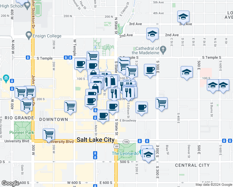 map of restaurants, bars, coffee shops, grocery stores, and more near 175 Utah 186 in Salt Lake City