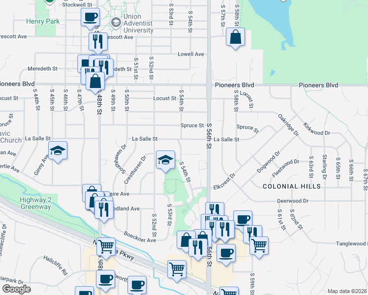 map of restaurants, bars, coffee shops, grocery stores, and more near 4710 South 54th Street in Lincoln