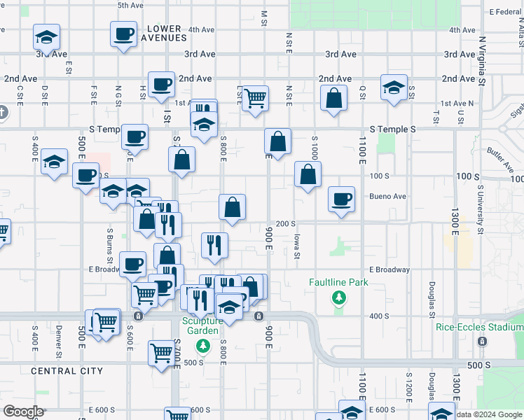 map of restaurants, bars, coffee shops, grocery stores, and more near 164 South 900 East in Salt Lake City