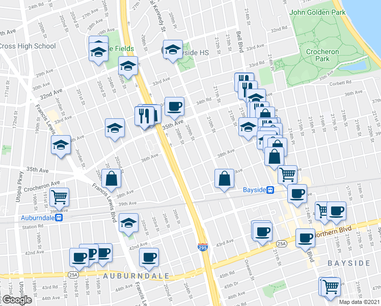 map of restaurants, bars, coffee shops, grocery stores, and more near 36-21 208th Street in Queens