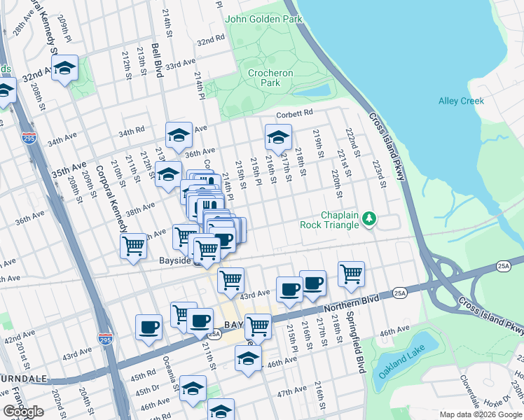 map of restaurants, bars, coffee shops, grocery stores, and more near 39-11 215th Street in Queens