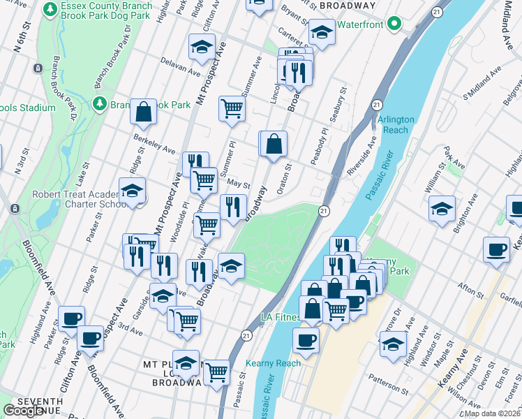 map of restaurants, bars, coffee shops, grocery stores, and more near 441-443 Broad Street in Newark