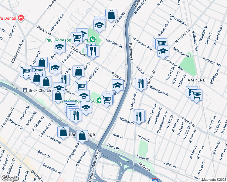 map of restaurants, bars, coffee shops, grocery stores, and more near 195 N Munn Ave in East Orange
