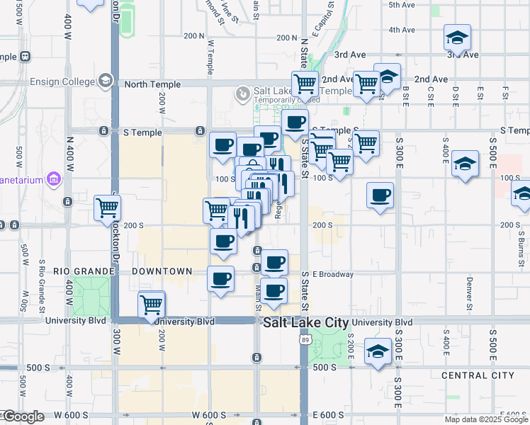 map of restaurants, bars, coffee shops, grocery stores, and more near 163 South Main Street in Salt Lake City