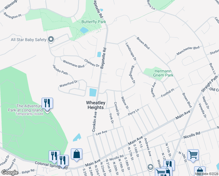 map of restaurants, bars, coffee shops, grocery stores, and more near 9 Gloucester Drive in Wheatley Heights