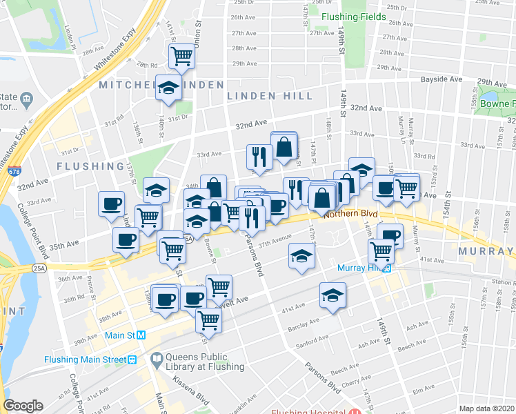 map of restaurants, bars, coffee shops, grocery stores, and more near 144-32 35th Avenue in Queens