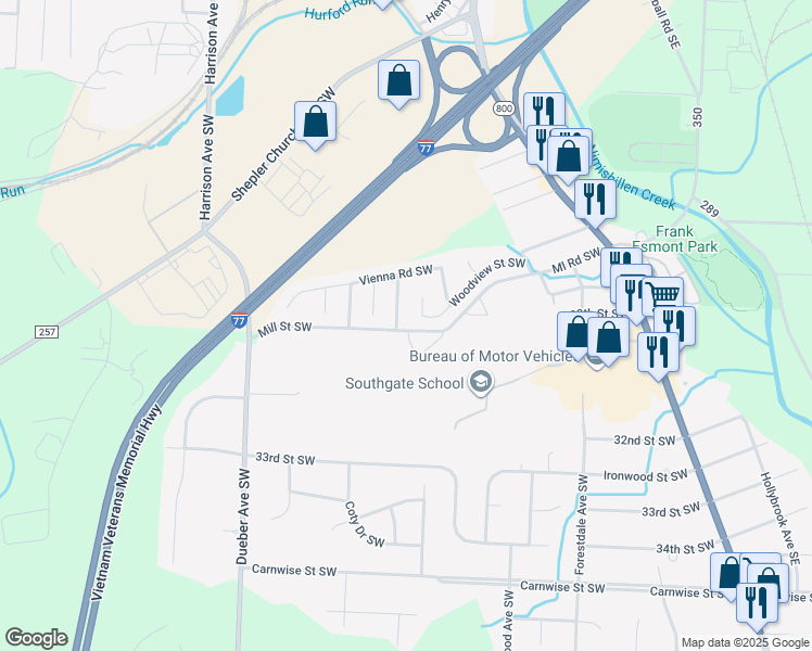 map of restaurants, bars, coffee shops, grocery stores, and more near 2920 Vienna Woods Avenue Southwest in Canton