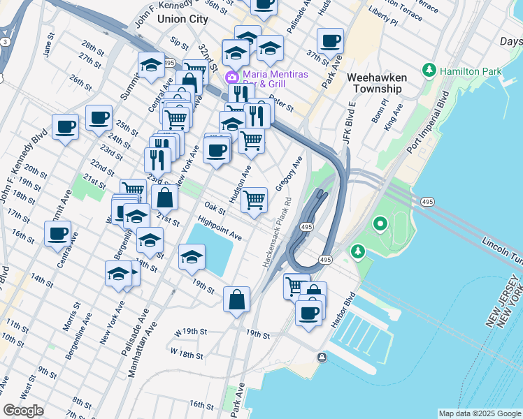 map of restaurants, bars, coffee shops, grocery stores, and more near 104 Shippen Street in Weehawken