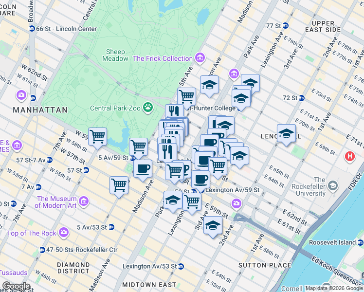 map of restaurants, bars, coffee shops, grocery stores, and more near 27 East 62nd Street in New York