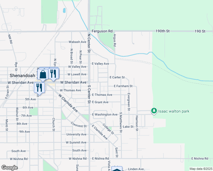 map of restaurants, bars, coffee shops, grocery stores, and more near 133-169 S Webster St in Shenandoah