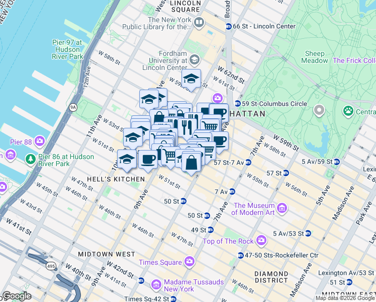 map of restaurants, bars, coffee shops, grocery stores, and more near 321 West 54th Street in New York