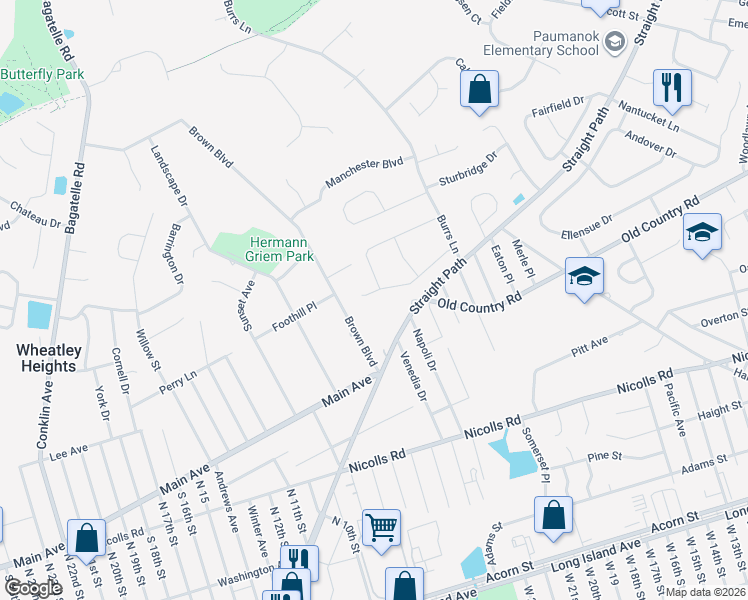 map of restaurants, bars, coffee shops, grocery stores, and more near 20 Nottingham Drive in Wheatley Heights