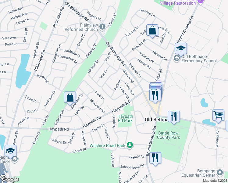 map of restaurants, bars, coffee shops, grocery stores, and more near 24 Park Drive in Old Bethpage