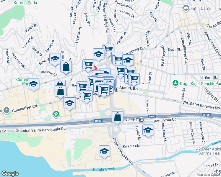map of restaurants, bars, coffee shops, grocery stores, and more near 1 Gazanfer Bilge Sokak in İzmit