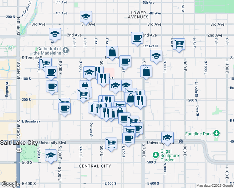 map of restaurants, bars, coffee shops, grocery stores, and more near 182 South 600 East in Salt Lake City