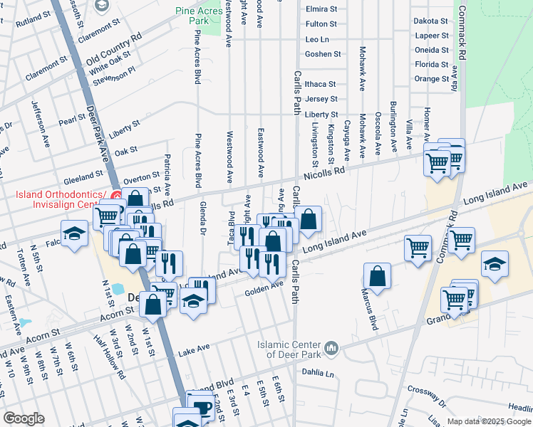 map of restaurants, bars, coffee shops, grocery stores, and more near 48 Eastwood Avenue in Deer Park