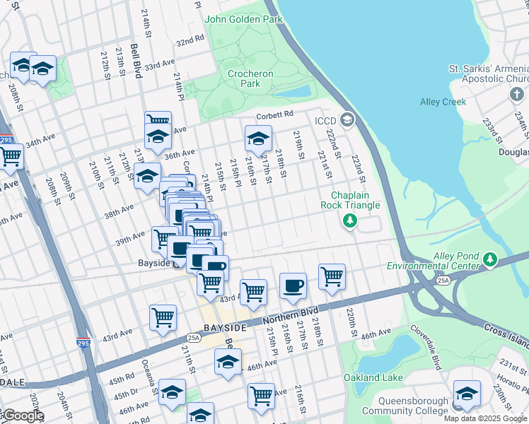 map of restaurants, bars, coffee shops, grocery stores, and more near 39-22 216th Street in Queens